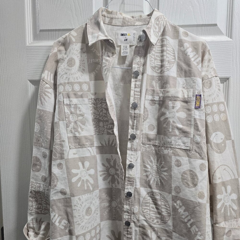 Smiley x H&M Shacket Womens XXS Smiley Faces 100% Cotton Don't Worry Be Happy